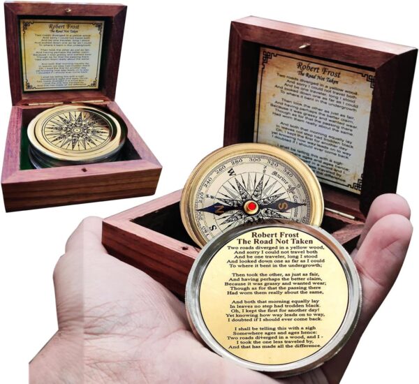 Antiqued Brass Robert Frost Poem Compass With Wooden Box Inspirational.jpg