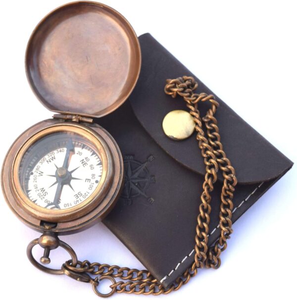 Handmade Brass Push Open Compass On Chain With Leather Case.jpg