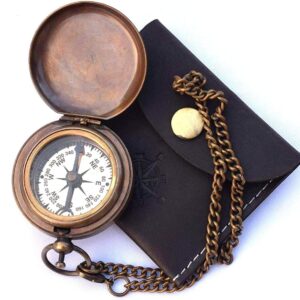 Handmade Nautical Brass Push Open Compass On Chain With Leather.jpg