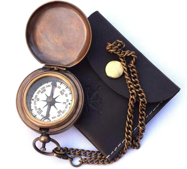 Handmade Nautical Brass Push Open Compass On Chain With Leather.jpg