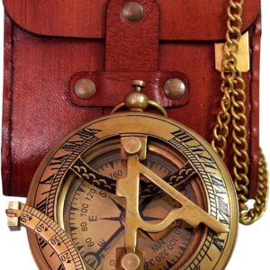 Vintage Brass Sundial Compass With Leather Case Antique Brass.jpg