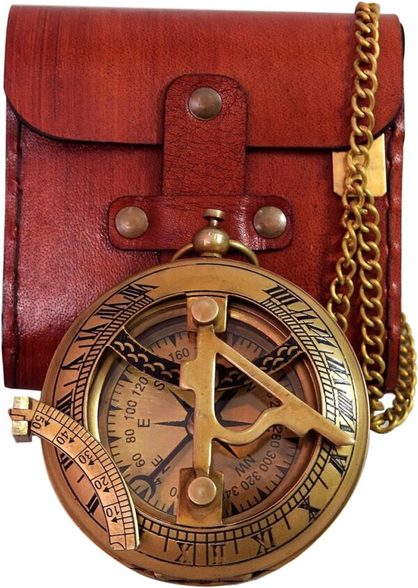 Vintage Brass Sundial Compass With Leather Case Antique Brass.jpg